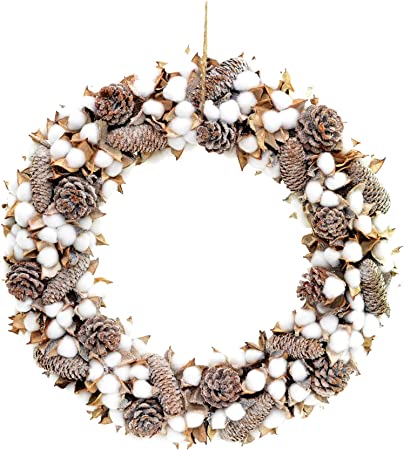 Christmas Real Cotton Wreath 38cm Pine Cones Vintage Xmas Home DÃ©cor RRP £20.99 CLEARANCE XL £9.99